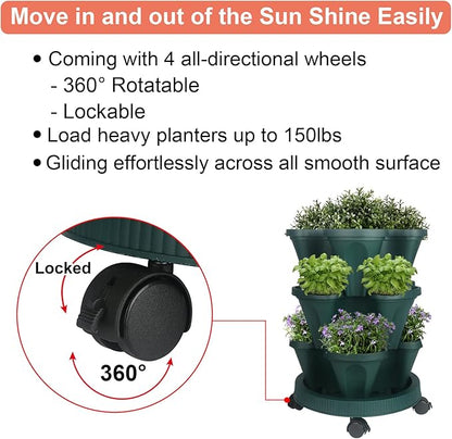 GameXcel Vertical Planter 3 Tier Stackable Planters Garden Planters Strawberry Herb Flower and Vegetable Planter Indoor Outdoor Gardening Pots with Removable Wheels and Tools 2-Pack