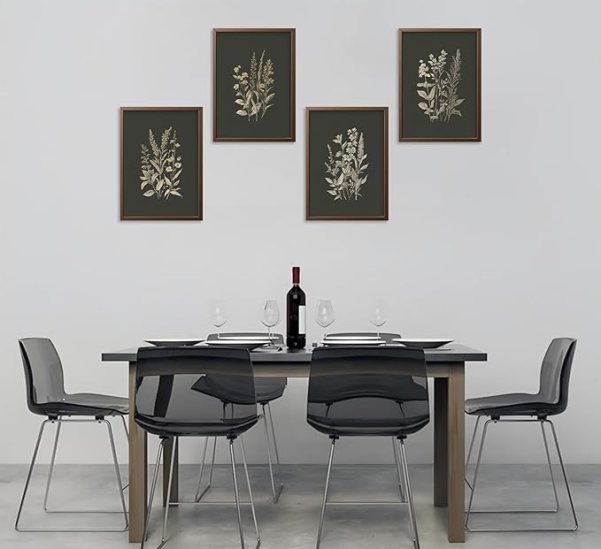 4Pcs Vintage Flowers And Plants Wall Art Dark Green Flower Painting Picture Flower Bouquet Wall Decor Minimalism Flowers Poster Print Artwork for Living Room Bedroom Home Decoration,Unframed