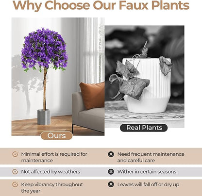 GOFLAME 53" Artificial Bougainvillea Tree, Faux Silk Flower Plant in Pot with 576 Flowers & 288 Leaves, Indoor Outdoor Fake Bougainvillea for Home, Office and Garden Decor, Purple