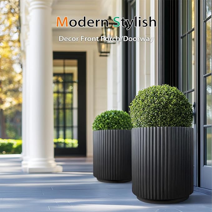 Round Concrete Planter Outdoor Indoor, Large Cement Plant Pots for Flowers (Vertical Black, 12 inch)