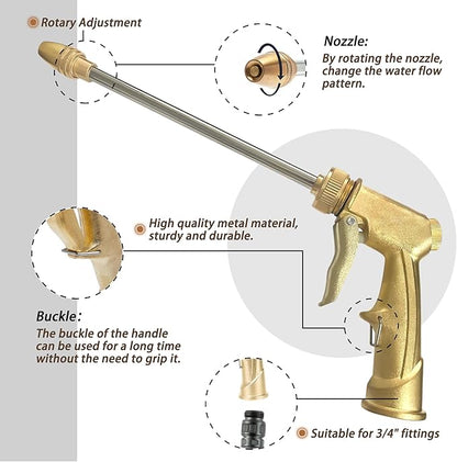 High Pressure Garden Hose Nozzle Sprayer with 3.5oz Plastic Soap Dispenser Bottle, Heavy Duty Car Wash Foam Gun, Adjustable Nozzle for Gardening, Solar Panel Cleaning, Pet Showering (Brass)