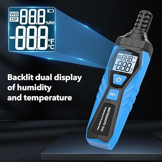 Temperature Humidity Meter - Handheld Thermometer Hygrometer with Ambient, Dew Point, Wet Bulb, High Precision Wet Bulb Thermometer, Dual Display Temperature & Humidity with LCD Backlight
