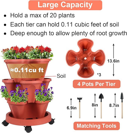 GameXcel Vertical Planter 3 Tier Stackable Planters Garden Planters Strawberry Herb Flower and Vegetable Planter Indoor Outdoor Gardening Pots with Removable Wheels and Tools 2-Pack