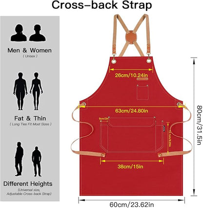 Genixart Chef Apron for Men Women with Gift Box Pack, Cross Back Apron with Pockets for Kitchen Cooking Baking Artist Painting, Cotton Canvas Work Aprons for Shop, Garden, Restaurant, Cafe (Red)