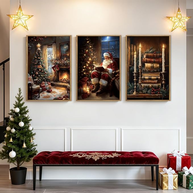 Christmas Wall Art 16x24 Inches Vintage Santa Claus Paintings Framed Christmas Winter Holiday Artwork Set of 3 for Living Room Bedroom