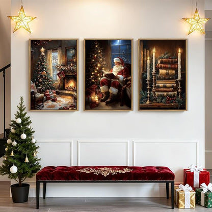 Christmas Wall Art 16x24 Inches Vintage Santa Claus Paintings Framed Christmas Winter Holiday Artwork Set of 3 for Living Room Bedroom