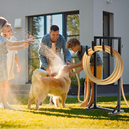 Heavy-Duty Garden Hose Holder with Stable Base and Tool Hooks, Freestanding Metal Hose Hanger Garden Hose Storage Holds 151Ft Hose, Rustproof Water Hose Holder for Outside Yard Lawn, Black