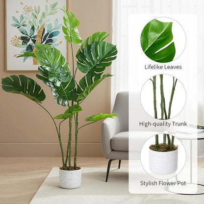 4FT Artificial Monstera Plant - Realistic Fake Tropical Palm Tree for Home Decor - Large Faux Monstera Deliciosa with Bendable Stems - Indoor Outdoor UV Resistant