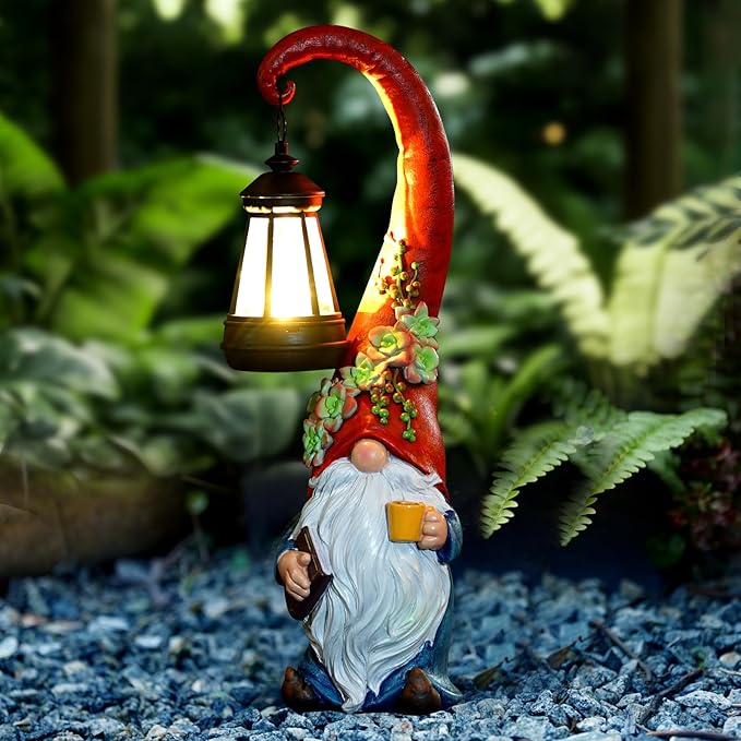 Coffee Gnome Garden Decor Statue Solar-Powered Gnome Ornament Lantern-Lit Courtyard Decoration Birthday Gift for Mom on The Patio