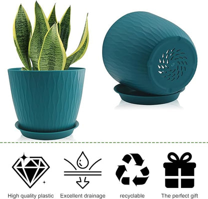 8/7/6 inch Plant Pots, 3 Pack Flower Pots for Outdoor Indoor Garden Plants, Large Planters with Multi Mesh Drainage Holes and Saucer (Black-Green, 8"+7"+6")