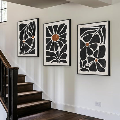 Large Framed Boho Abstract Floral Wall Art for Living Room, 3 Piece Mid-Century Modern Botanical Canvas Painting Prints Artwork for Walls, Black and White Flowers for Bedroom Hallway Office, 24x36 In
