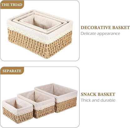 3pcs Woven Rattan Storage Basket for Desktop Organization Break-resistant Containers with Chic Beige Design for Home and Office Sundries Storage