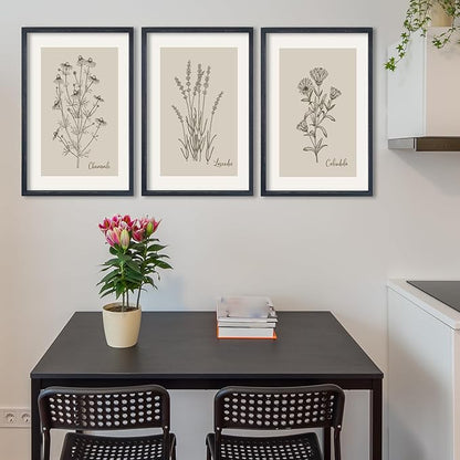TQianJiang Set Of 3 Framed Vintage Botanical Prints Wall Art 16"×11" Wildflower Pictures Wall Decor for Bedroom Bathroom Living Room Minimalist Line Drawing Neutral Tones Wall Hanging (Black)