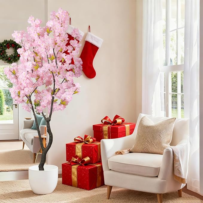 6.56ft Tall Pink Artificial Cherry Blossom Tree Decor, Fake Silk Flower Plant Indoor, Sakura Tree Realistic Faux Cherry Tree for Christmas New Year Home Decor