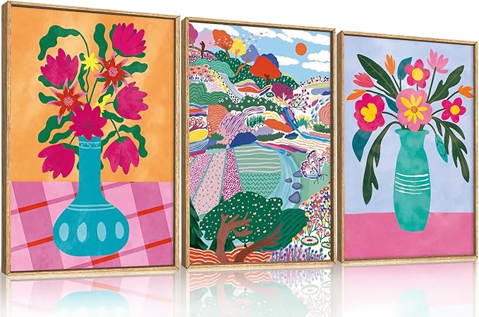 HOURIA Colorful Flower Field Landscape Framed Canvas Wall Art Set,Abstract Pink Floral Vase Wall Decor,Natural Botanical Tree Artwork,Modern Sunrise Art Prints for Living Room,Farmhouse-16 x24 x3