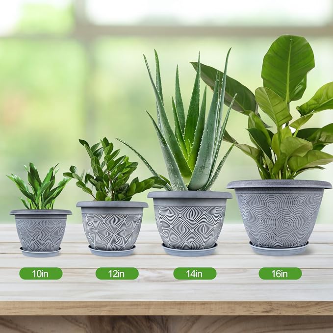 14 Inch Large Planter Pot for Plants Indoor Outdoor, 4 Pack Plastic Flower Pots with Drainage Hole & Tray, Modern Decorative Garden Pot with Saucer, Plant Container for House