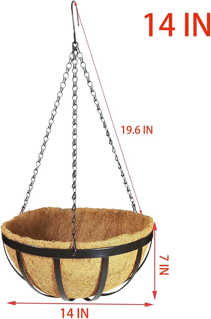 4 Pack 14 Inch Hanging Planters for Outdoor Plants Metal Hanging Planter Basket with Coco Coir Liner Round Plant Black Flat Iron Metal Flower Pots for Deck Patio Porch Garden Balcony
