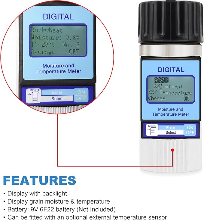 Grain Moisture Meter High Precision Grain Moisture Tester with Moisture & Temperature Display Seed Moisture Meter for 25 Grains Including Wheat, Soybean, Coffee and More