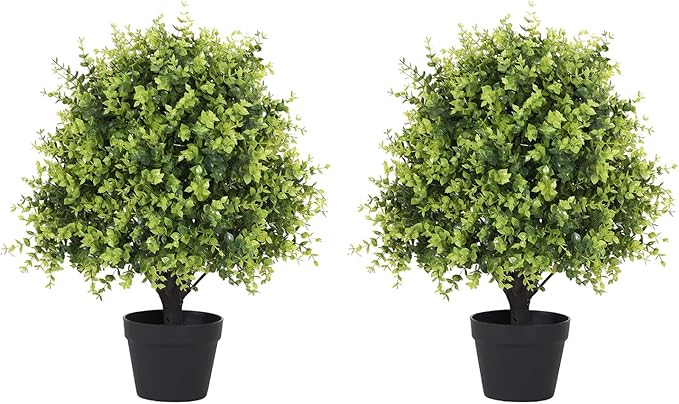 24" Faux Boxwood Plants Outdoor, Artificial Topiary Ball Trees Set of 2, UV Resistant Fake Potted Evergreen Realistic Greenery Bushes Shrubs for Outside Front Porch Planter Patio Indoor Decor 2ft Tall