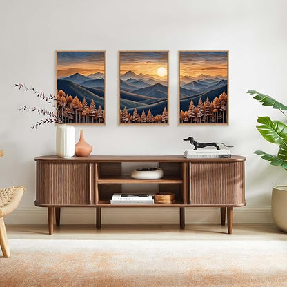 HOURIA Boho Wilderness Sunset Woodland Mountain Framed Canvas Wall Art Set,Vintage Golden Hour Forest Landscape Decor,Natural Modern Pine Tree Botanical Artwork for Living Room,Farmhouse- 16"x24"x3