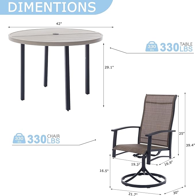 5 Piece Outdoor Dining Set, 42" Honey Oak Round Outdoor Dining Table with 4 Mocha Swivel Patio Table and Chair Set of 4 for Lawn, Garden, or Porch