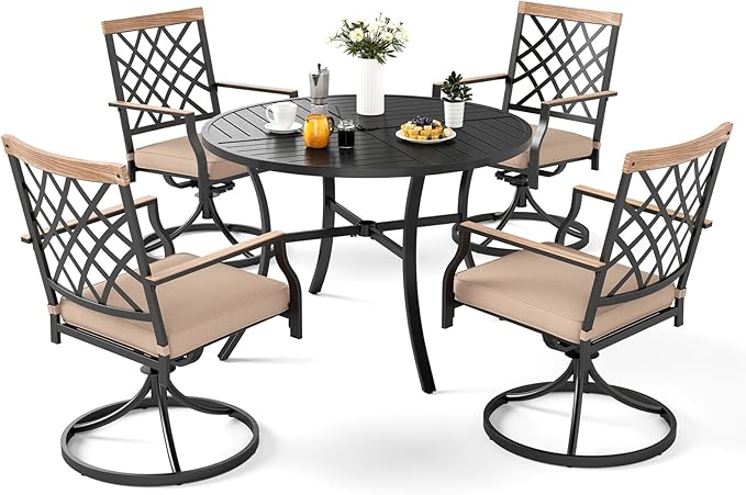 MFSTUDIO 5 PCS Patio Dining Set with 4 Swivel Metal Chair with Cushion and 1 Heavy Duty Round Table for 4, All Weather Resistant Patio Furniture for Lawn and Garden