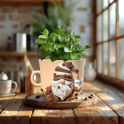 GUGUGO Coffee Cup Gnome Plant Pots, Cute Unique Flower Pots for Indoor Plants, Funky Small Planters with Drainage Holes, Eclectic Home Decor Aesthetic, Funny Gardening Planter for Couple Gift, Male