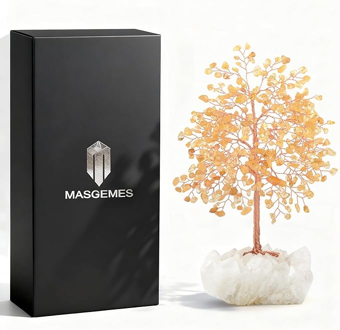 Gemstone Crystal Tree of Life,Natural Citrine with Row Clear Quartz Base,Chakra Healing Crystals Positive Energy Fengshui Decor Bonsai Money Tree,Home Decor Gift Height 8.5-9 Inches