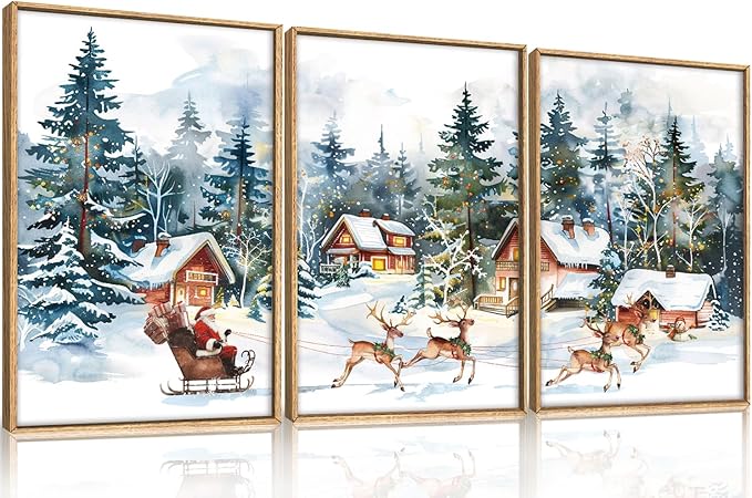 Ausril Christmas Santa Sleigh Deer Framed Canvas Wall Art Set, Reindeer Design Decor, Winter Snow Forest Tree Wall Painting, Christmas Art Print for Living Room, Bedroom, Office 24"x36"x3