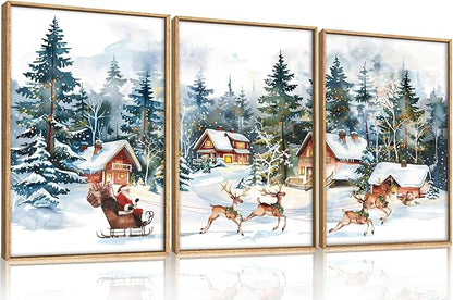 Ausril Christmas Santa Sleigh Deer Framed Canvas Wall Art Set, Reindeer Design Decor, Winter Snow Forest Tree Wall Painting, Christmas Art Print for Living Room, Bedroom, Office 24"x36"x3