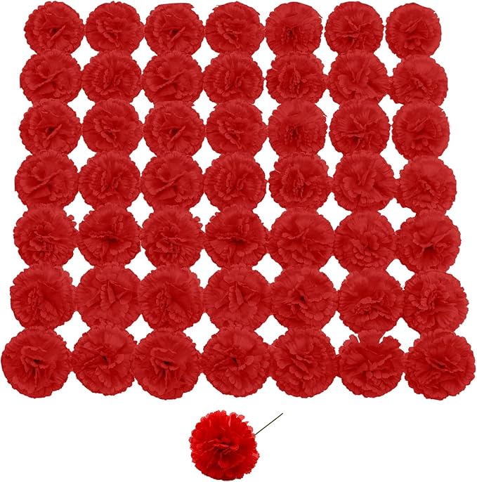 Silk Carnation Flower, 50 Artificial Flowers, Used for Wedding Decoration DIY Handmade Flowers, Carnation Flower Diameter 3.5 Inches and 6 Inches Stem (Red)