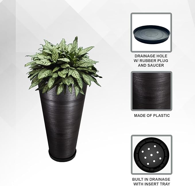 XBrand Modern 28-Inch Tall Round Planter, Modern Tapered Planter Perfect for Indoor & Outdoor Planter, Patio Décor, Set of 2, Black