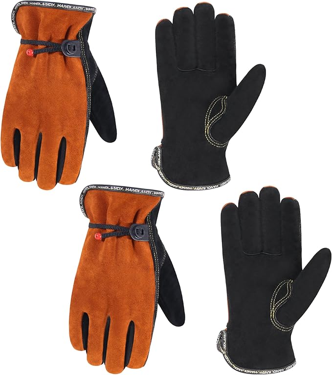 HLDD HANDLANDY 2 Pairs Leather Work Gloves for Men & Women, Reinforced Durable Palm for Welding, Farm, Gardening, Driving