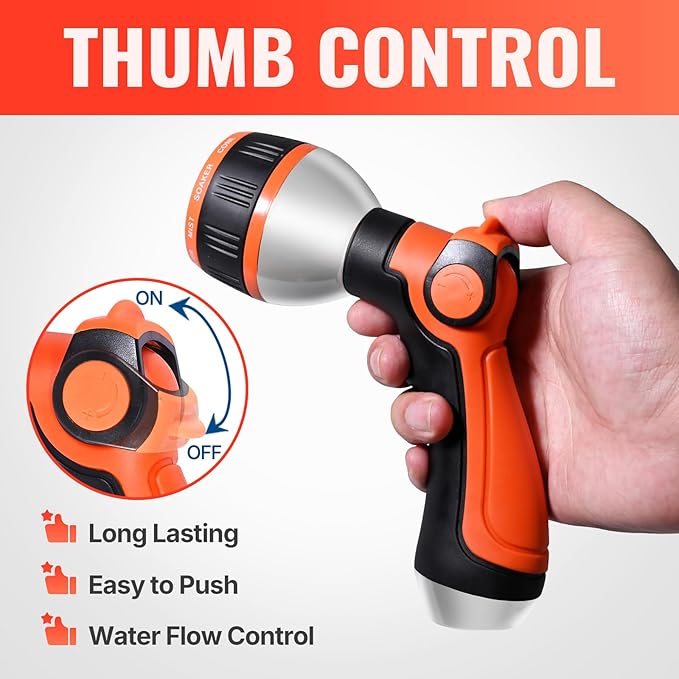 YAMATIC Garden Hose Nozzle, 10 Adjustable Spray Nozzle, Heavy Duty Water Hose Nozzle with THUMB CONTROL ON OFF VALVE for Watering Plants,Lawn Washing Cars,Cleaning,Showering Pets & Outdoor Fun, 2PCS