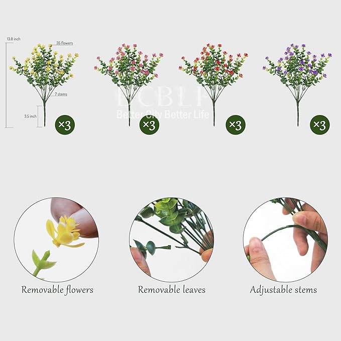 12 Bundles Artificial Fake Plants Flowers, Realistic Flowers Not-Fading and UV Resistant Artificial Flowers for Outdoor Indoor Décor Porch Patio Garden and Home Decoration