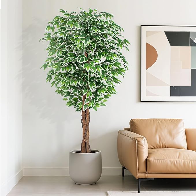 6.2ft Ficus Artificial Trees with 3 Natural Curved Trunks, 74" Tall Lush Faux Tree for Home Decor Indoor, Green Lifelike Fake Ficus Tree 1pcs