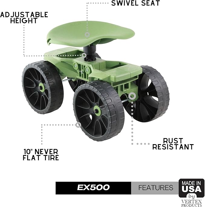 TheXceptional Wheelie Scoot | Premium Rolling Work Seat | Comfort Utility Garden Stool with Never Flat Wheels | Made in USA by Vertex | Model EX500