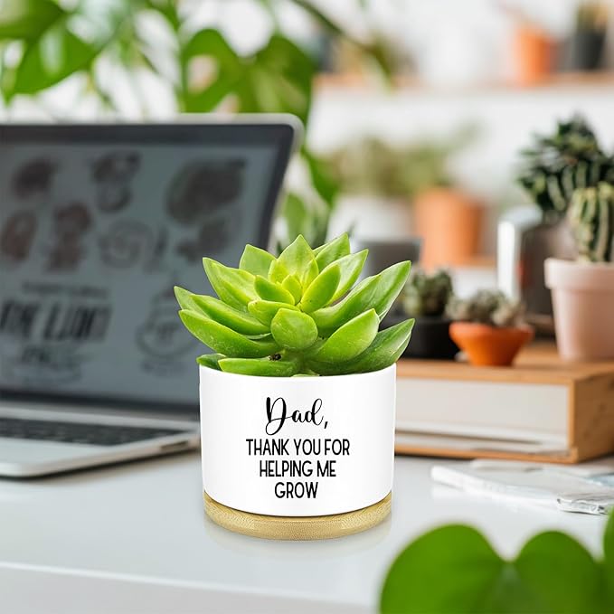 Thank You Dad for Helping Me Grow Ceramic Planter, 3.5 Inch Funny Flower Pots for Succulents, Cactus, Indoor Plants, Unique Gifts for Dad with Drainage Hole & Wood Tray (Plant Not Included)