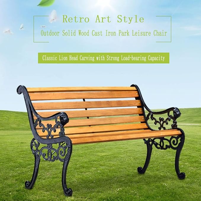 Outdoor Garden Bench with Waterproof Cover, Patio Park Lawn Solid Wood Bench with Cast Iron Frame, Patio Porch Furniture Bench with Backrest and Armrests for 2-3 People(Black)