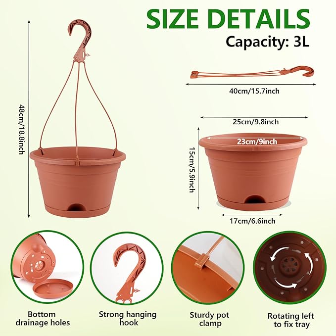 4 Pack Hanging Planters, 10 Inch Hanging Plant Pot with Hanger Chain & Drainage Trays, Hanging Baskets for Plants Outdoor Indoor, Plastic Flowers Pots for Home, Garden Decor (Terracotta Red)