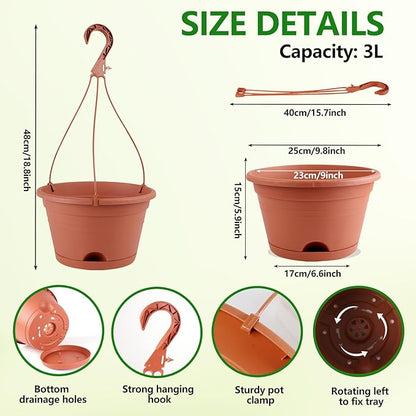 4 Pack Hanging Planters, 10 Inch Hanging Plant Pot with Hanger Chain & Drainage Trays, Hanging Baskets for Plants Outdoor Indoor, Plastic Flowers Pots for Home, Garden Decor (Terracotta Red)