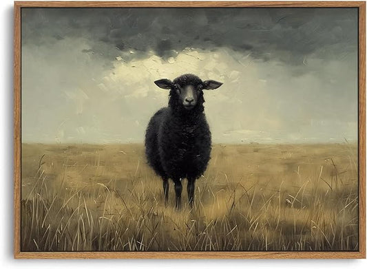 ZZLWBKGL Vintage Black Sheep Framed Wall Art Moody Animal Canvas Wall Art Country Landscape Pictures Decor Farmhouse Cottagecore Art Prints Living Room Study Bedroom