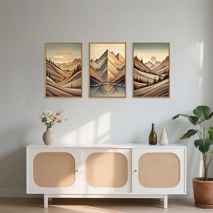 Aryroi Vintage Woodcut Style Mountain Framed Canvas Wall Art Set,Mid Century Nature Woodland Pine Tree Wall Decor,Modern Boho Brown Sunrise Forest Artwork for Living Room,Bedroom,Office- 16"x24"x3