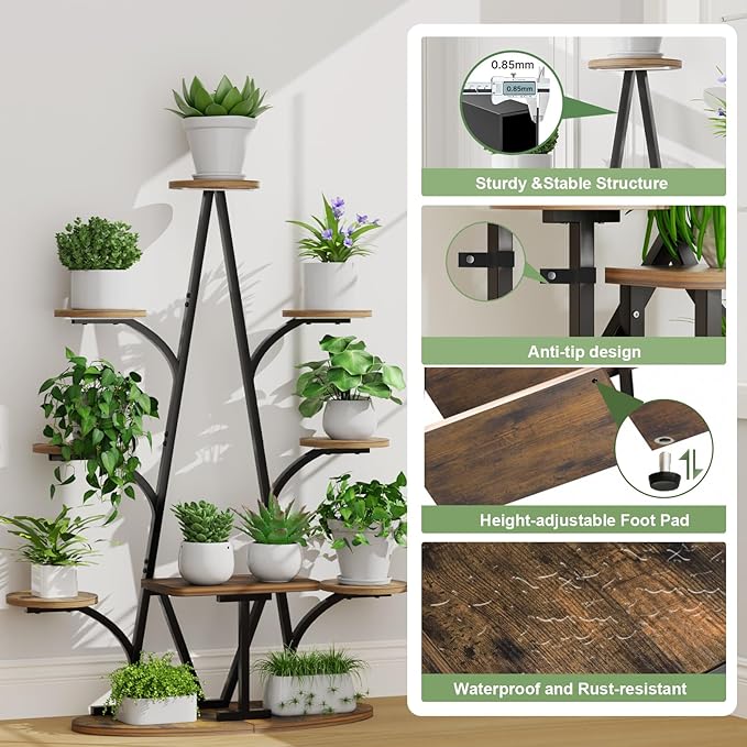 Plant Stand Indoor with Grow Lights - 51" Tall Christmas Tree-Shaped Corner Plant Shelf, 9 Tiered Metal Plant Rack with Adjustable Brightness & Timer, Sturdy Display Stand for Plants, Balcony Decor (Black)