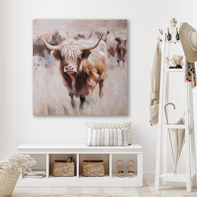 JolyWell Textured Highland Cow Canvas Wall Art Hand painted Farm Animals Painting Cattle Portrait Pictures Bedroom Decor Brown Cow Artwork for Bathroom Dining Room Kitchen Office Living Room 24x24IN