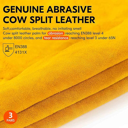 Vgo... 3-Pairs Unlined Cowhide Split Leather Work and Driver Gloves, for Heavy Duty, Truck Driving, Warehouse, Gardening, Farm (Size XL, Gold, CB9501)