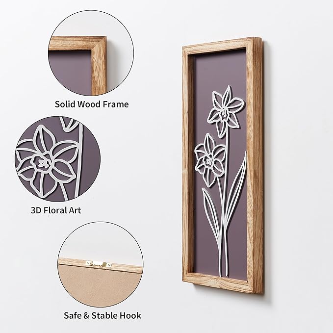 HKBS 3D Wooden Floral Wall Art, Set of 4 Framed Flowers Wall Art Sculptures, Boho Farmhouse Minimalist Decor for Bathroom Bedroom Living Room Kitchen or Office Wall Decorations Housewarming Gifts (Multicolored)