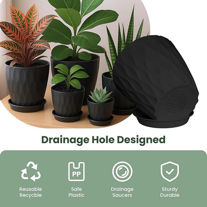 8/7/6/5/4 Inch Plant Pots with Drainage Holes, Setof 5 Plastic Planters for Indoor Outdoor Plants,Indoor Flower Pots, Nursery Planting Pot for Garden OfficeHome Decor(Black, 8/7/6/5/4)