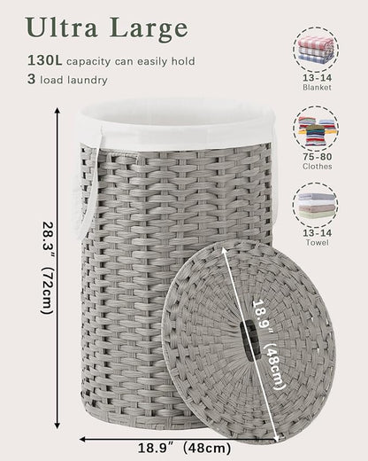 Large Laundry Hamper Laundry Basket Round 34.3 Gal (130 L) Handwoven Wicker Laundry Baskets Rattan Laundry Basket with Laundry Bag Handles 2 Mesh Bags for Living Room Bedroom Gray