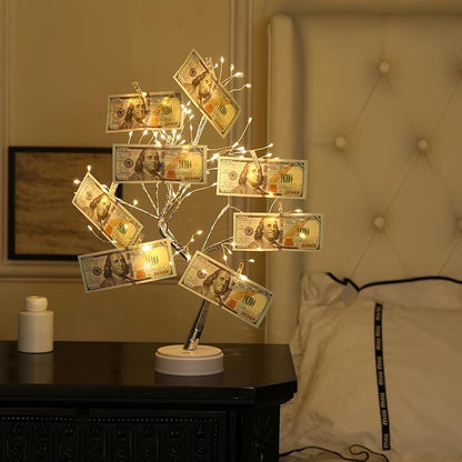 Money Tree Gift Card Holder 108 LEDs Lighted Fairy Light Spirit Trees Battery/USB Powered Light Up Display Tree with 22 Clear Clips for Photo, Cash,Card, Memo,Home Decor